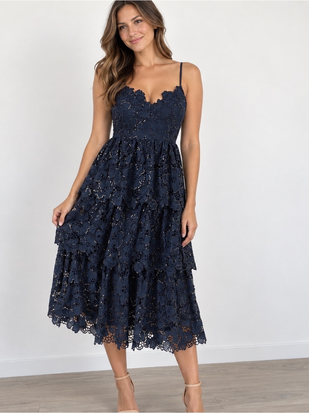 Endless Rose Navy Blue Lace Tiered Midi Dress Sequin Cocktail Party size Medium